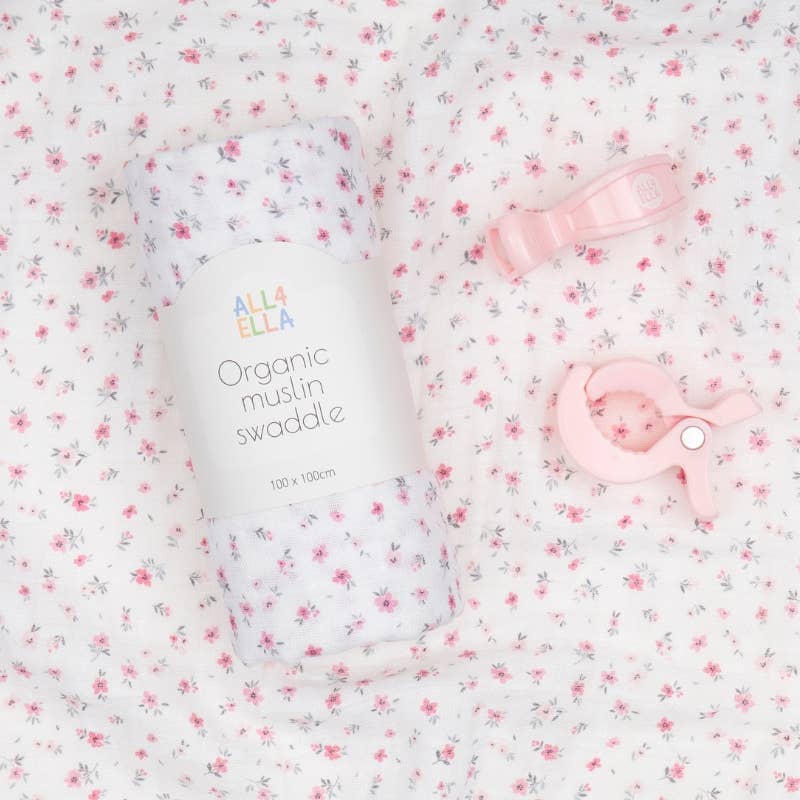Organic Swaddle & 2 Pram Peg Gift Set- Pink Petals