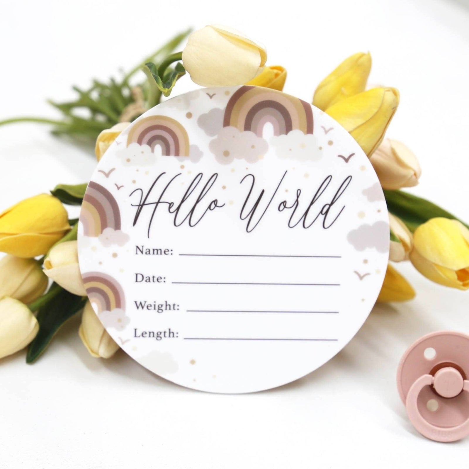 Birth Announcement Card- Hello World Earthy Cloud Rainbow