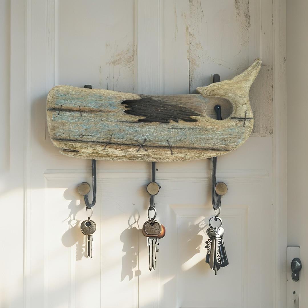 Wooden Whale Wall Hanging With Three Hooks