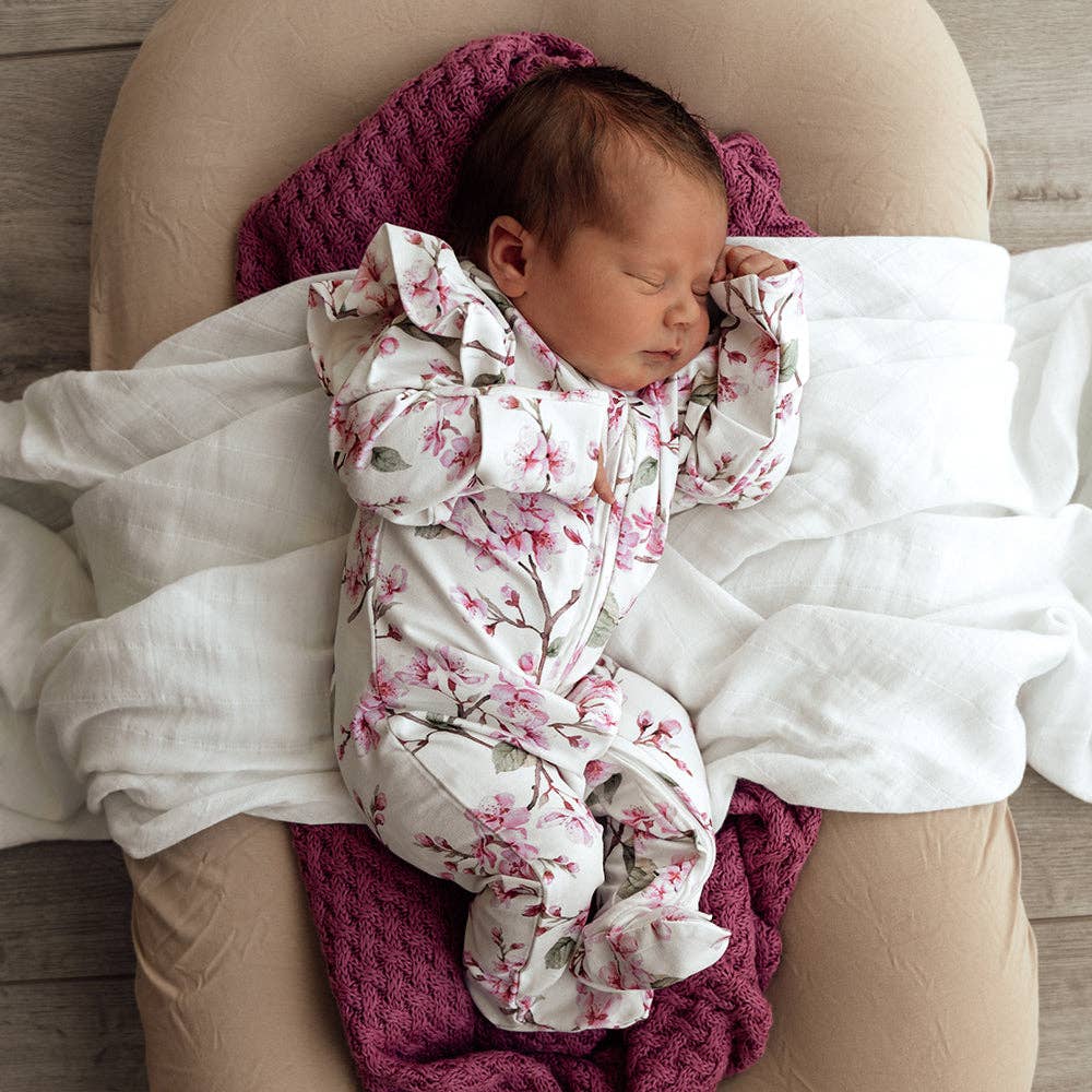 Cherry Blossom Organic Snuggle Sleepsuit Zip Footie with Frill: Newborn (0000)