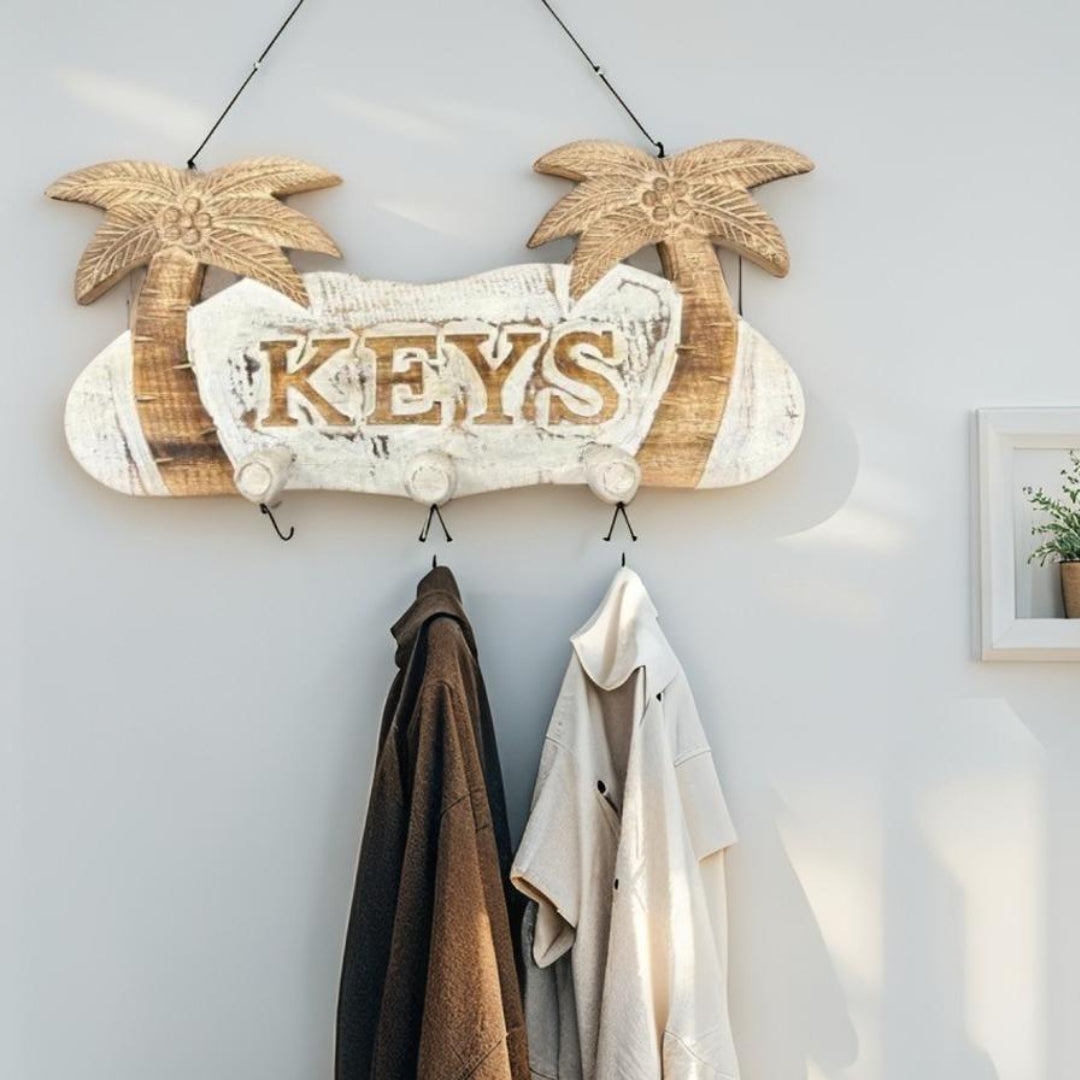 Wooden Wall Key Holder With Palm Trees
