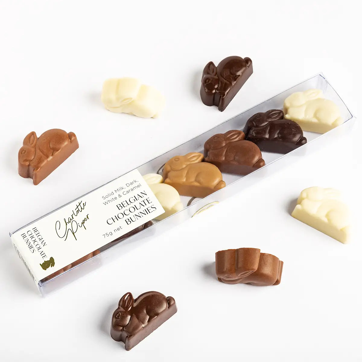 Charlotte Piper Chocolate Bunnies Pkt 4 Milk Dark White And Caramel