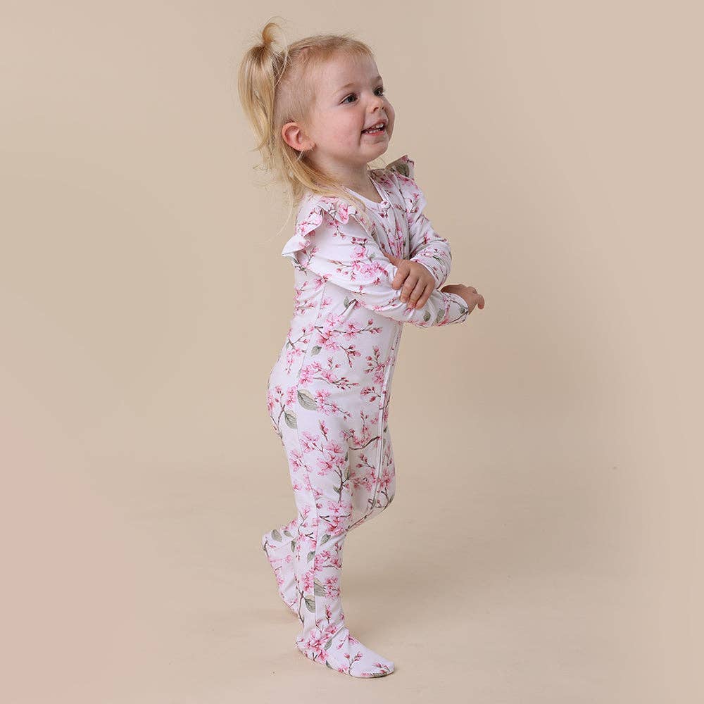 Cherry Blossom Organic Snuggle Sleepsuit Zip Footie with Frill: Newborn (0000)