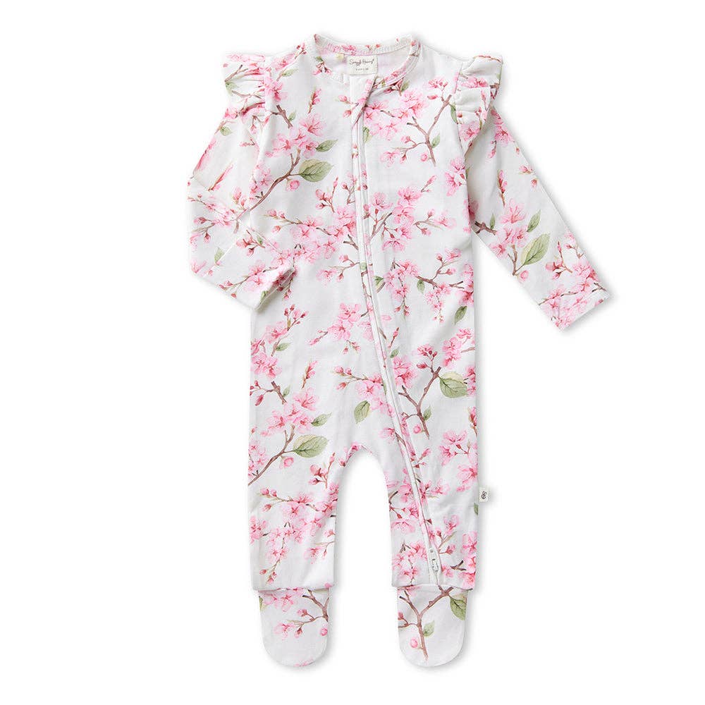 Cherry Blossom Organic Snuggle Sleepsuit Zip Footie with Frill: Newborn (0000)