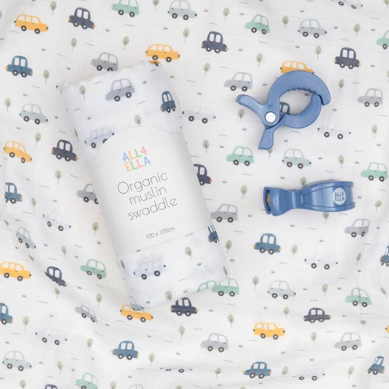 Organic Swaddle & 2 Pram Peg Gift Set - Beep Beep