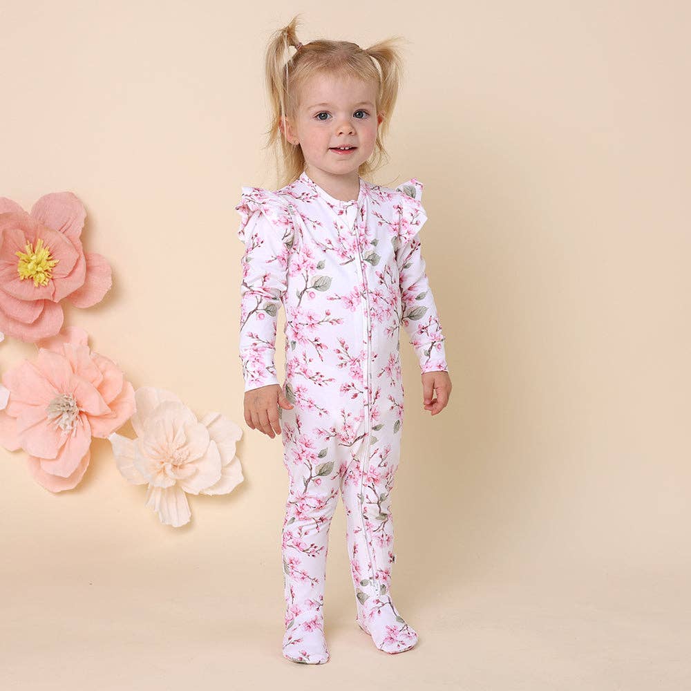 Cherry Blossom Organic Snuggle Sleepsuit Zip Footie with Frill: Newborn (0000)