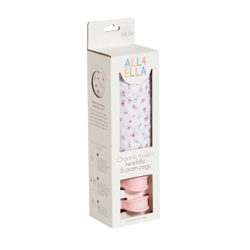 Muslin And 2 Pram Peg Gift Set Pink Petals