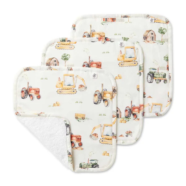 Snuggle Honey Diggers And Trucks Organic Wash Cloths Set 3
