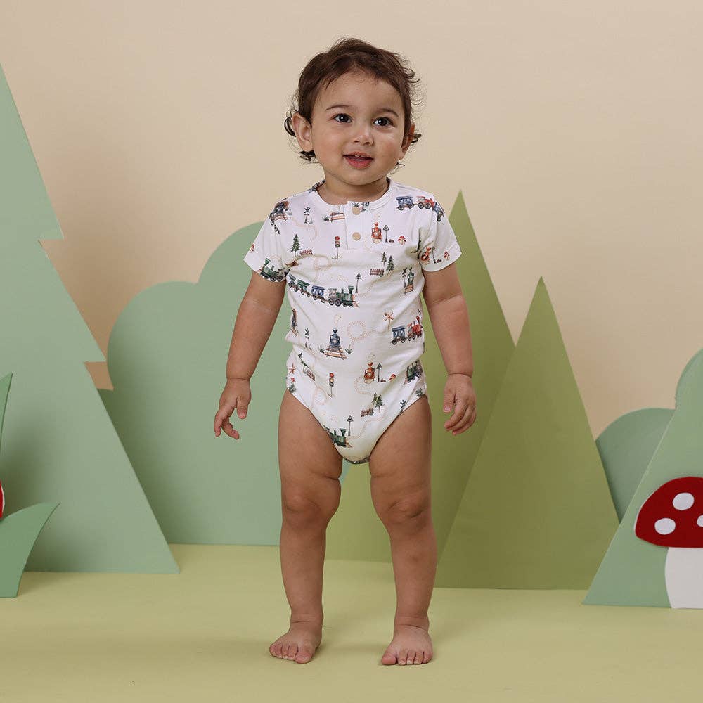 Trains Short Sleeve Organic Bodysuit: 0-3 Months (000)