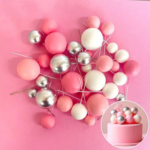Pink White Silver Deco Foam Ball Toppers 32 Pce Set