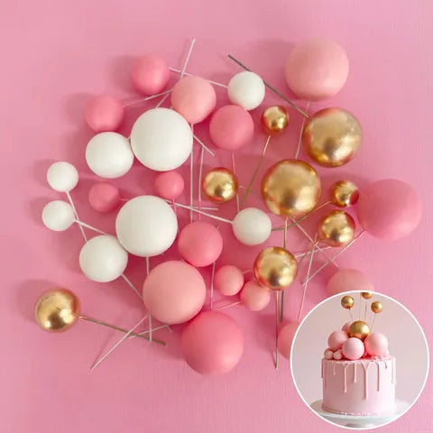 Pink White Gold Foam Ball Topper 32Pce Set