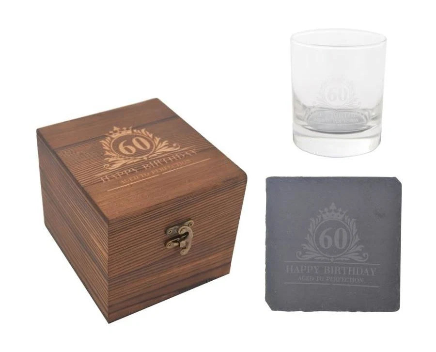 Gibson 60th Birthday Glass and Coaster Set In Wooden  Box