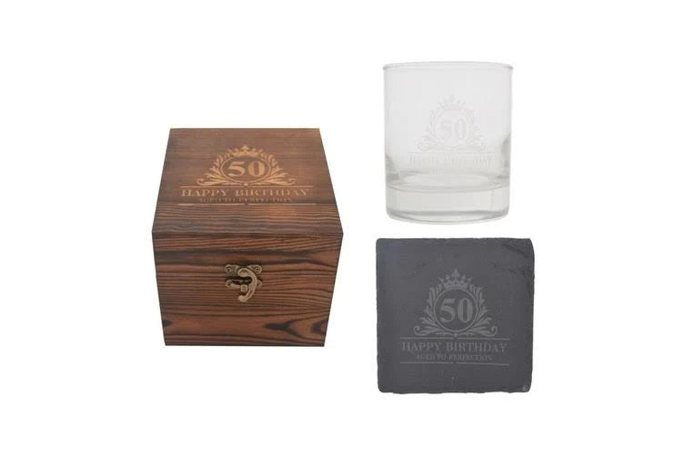 Gibson 50th Birthday Glass and Coaster Set In Wooden  Box