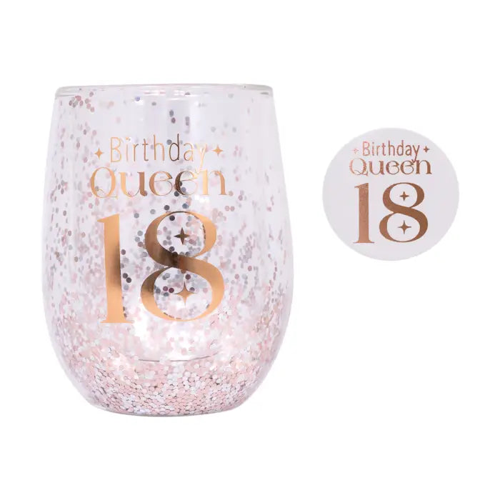 Sip Celebration 18 Glitter Stemless Glass and Badge