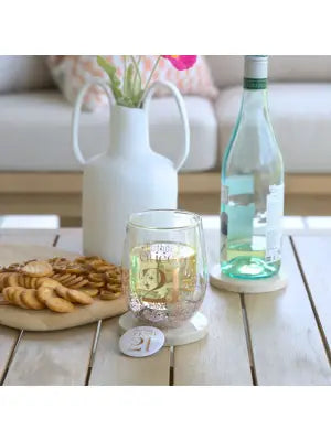 Sip Celebration 21 Glitter Stemless Glass and Badge
