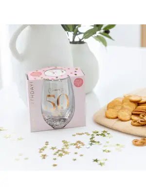 Sip Celebration 50 Glitter Stemless Glass and Badge