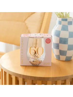 Sip Celebration 60 Glitter Stemless Glass and Badge