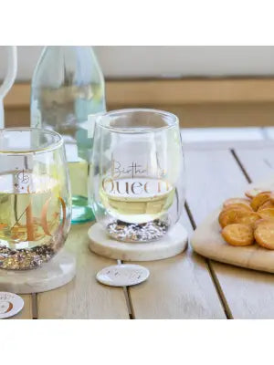 Sip Celebration Birthday Queen Glitter Stemless Glass and Badge